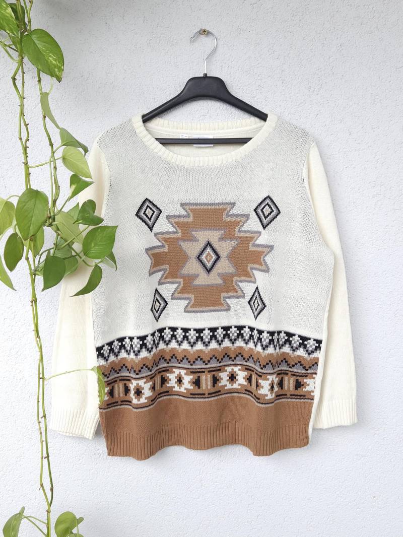Vintage Schöner Boho Azteken Strickpullover Crewneck Sweater Von Bonprix Damen Gr. 44/46 | xxl Pulli Knitwear von VaiaVintage