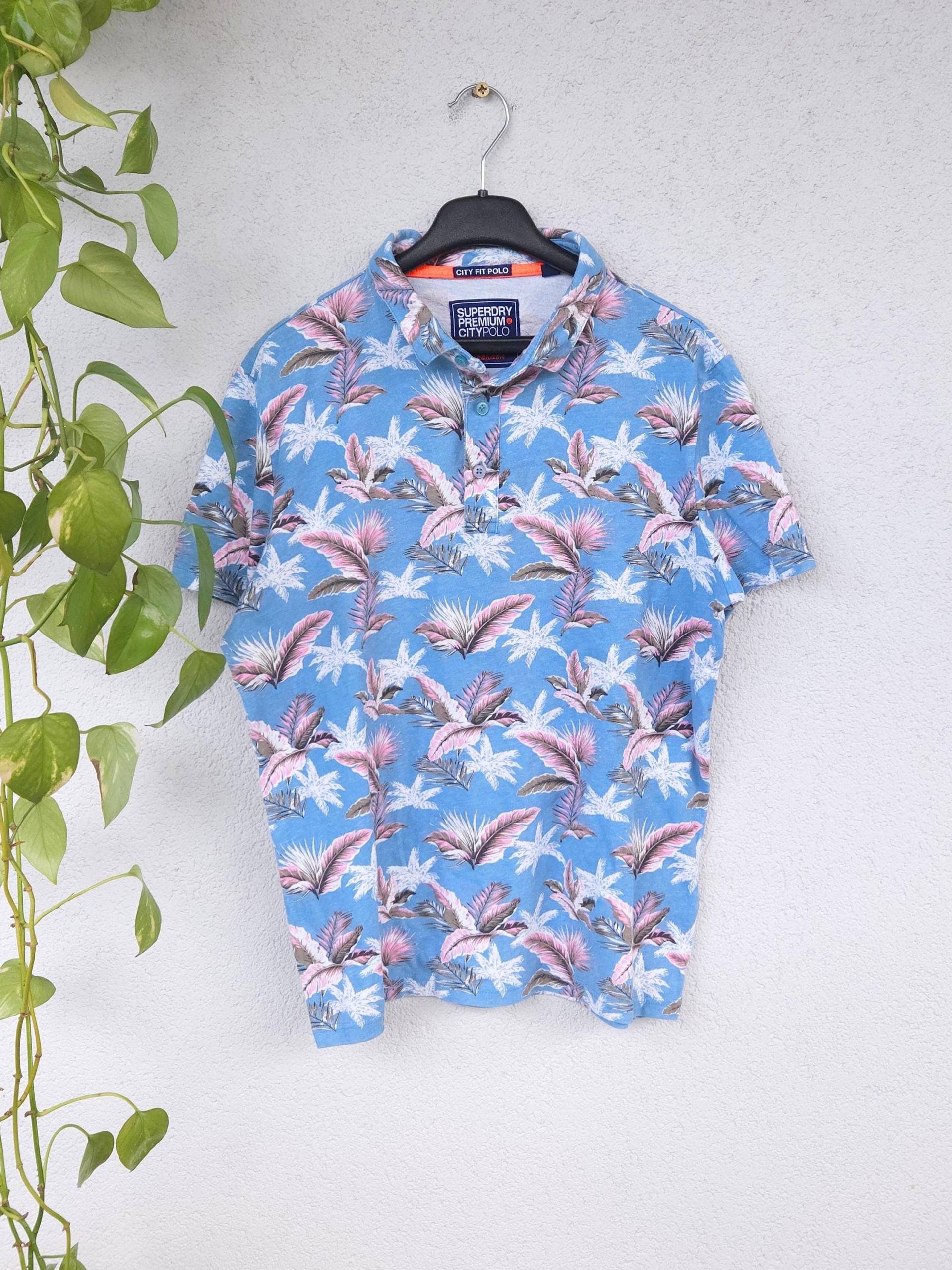 Vintage Superdry Polohemd Kurzarm Shirt Short Sleeve Gr. L Hellblau Leaf Pattern Polo Poloshirt Sommer von VaiaVintage