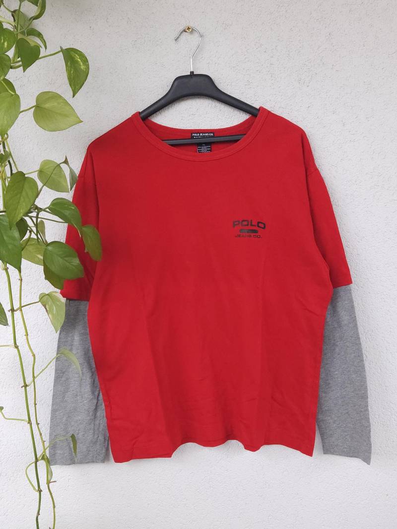 Vintage Sweatshirt Von Polo Jeans Co. Ralph Lauren - Herren Größe Xl Rot Grauer Pullover Langarmshirt Retro 90Er Style von VaiaVintage