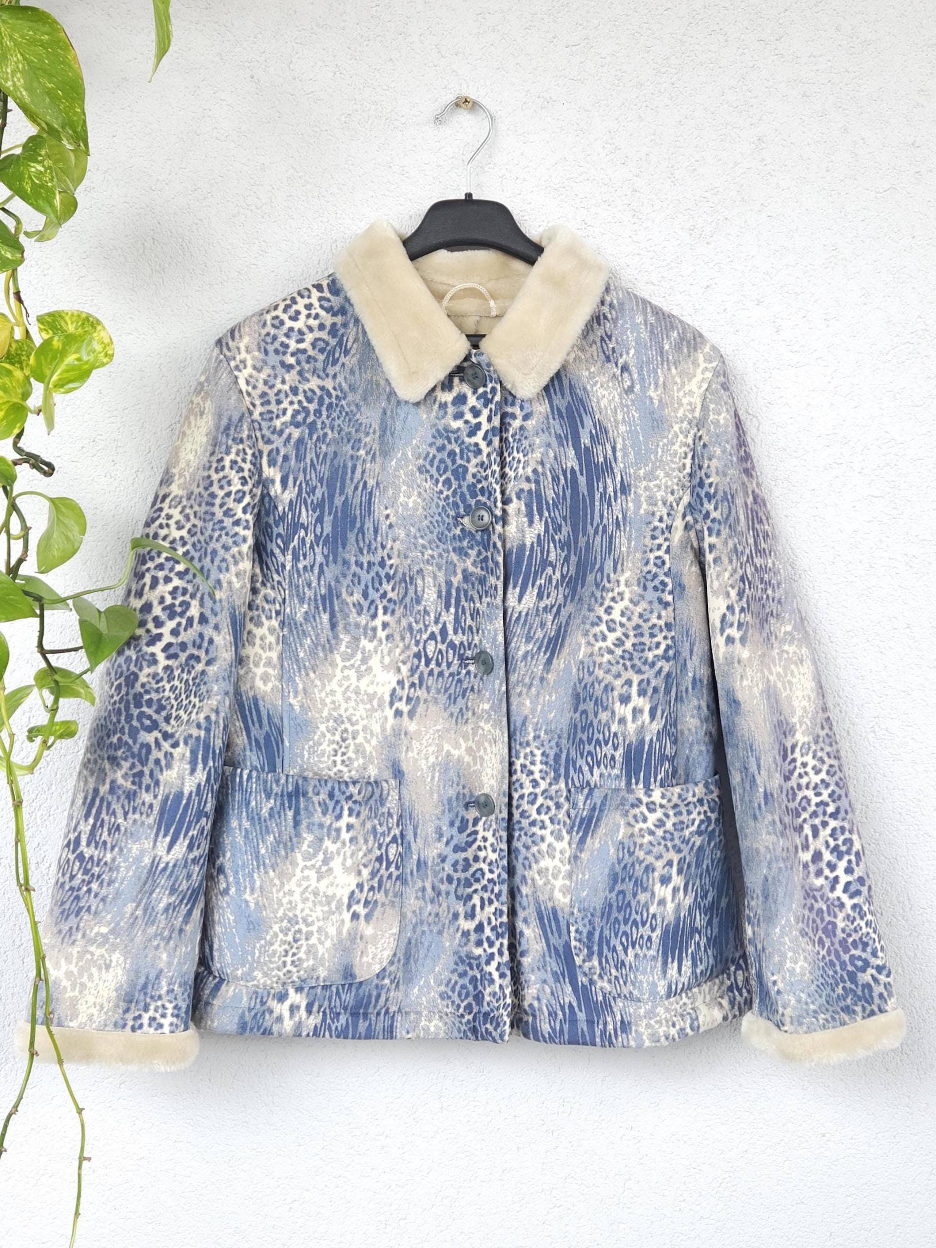 Y2K Mantel Jacke Mit Lammfelloptik - Damen Größe 40 | L Animal Print Blau Beige Übergangsjacke Winter Zum Überziehen Vintage Edgy 90Er von VaiaVintage