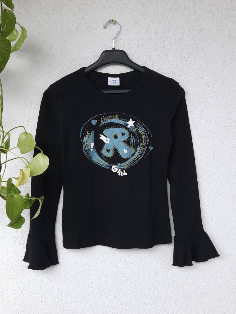 Y2K Süßes Sweatshirt - Langarm Kinder Größe 158/164 Schwarzer Dünner Pullover Mit Aufdruck Und Trompetenärmel Edgy Cute 90S von VaiaVintage
