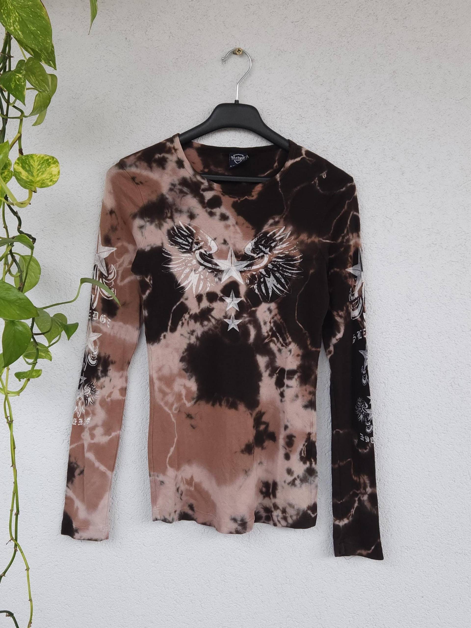 Y2K Süßes Sweatshirt Von Sledge Usa - Langarm Damen Größe L Braun Beige Tie Dye Batik Dünner Pullover Langarmshirt Edgy Cute 90S von VaiaVintage