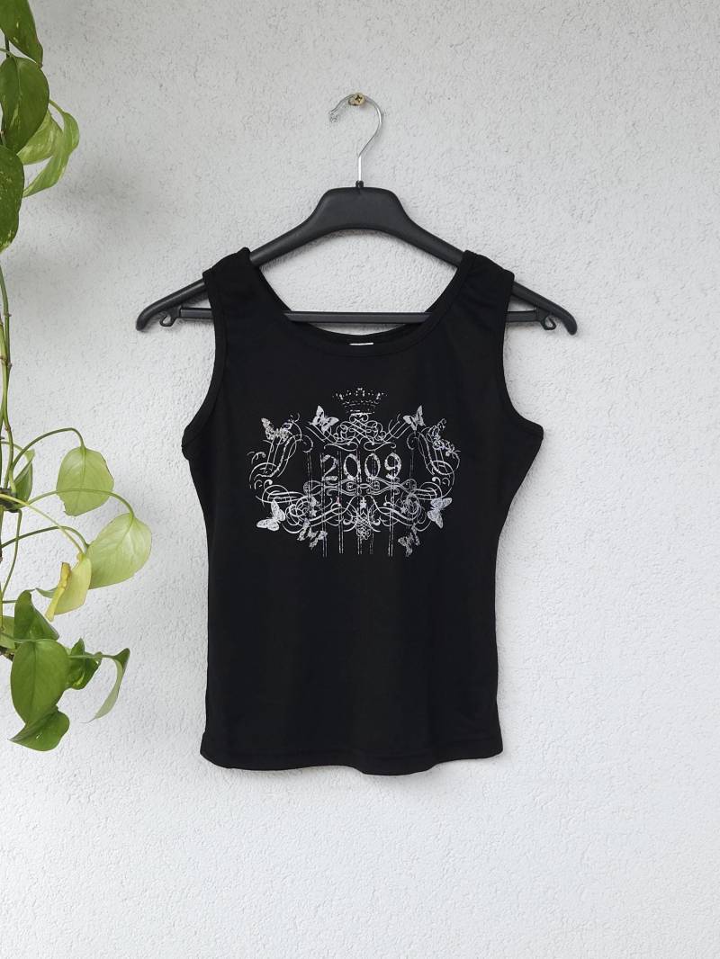 Y2K Süßes Tank Top Von Angy - Schwarzes Trägerhemd Mit Schmetterling Aufdruck Damen Größe M Ärmelloses Shirt Vintage von VaiaVintage