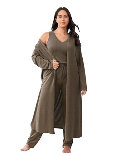 Vaimti Übergröße, 3-teiliges Set mit lässiger Strickjacke, Weste, Hose, Damen-Pyjama, Loungewear-Set, lässiges Homewear Set für Herbst und Winter, braun, 0X von Vaimti