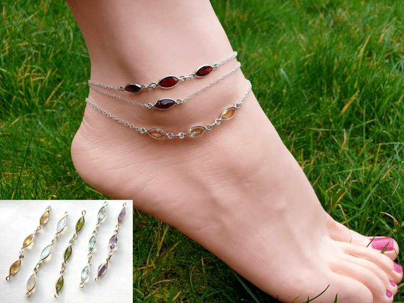 925 Sterling Silber Fußkettchen Mit Lünette Facettierte Edelsteine, Marquise Form Citrin Mondstein Amethyst Peridot Blautopas, Schönes Sommer von VairisJewellery
