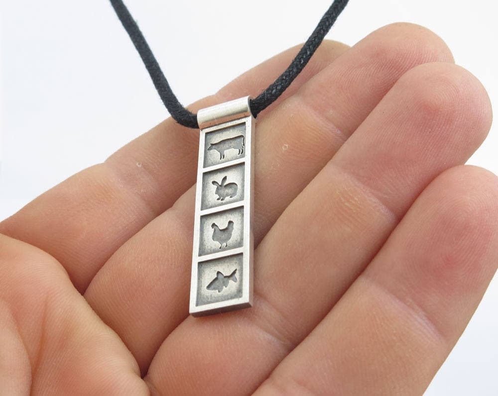 Vegan Halskette, Sterling Silber 925, Anhänger An Schwarzer Schnur, Liebe, Geschenk, Vegetarier, Tiere Freiheit, Doppelseitig von VakadiJewelry