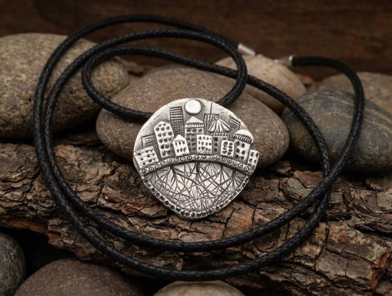 stadt Wurzeln Anhänger, Großstadt Halskette, Skyline Silber Wurzel Anhänger von VakadiJewelry
