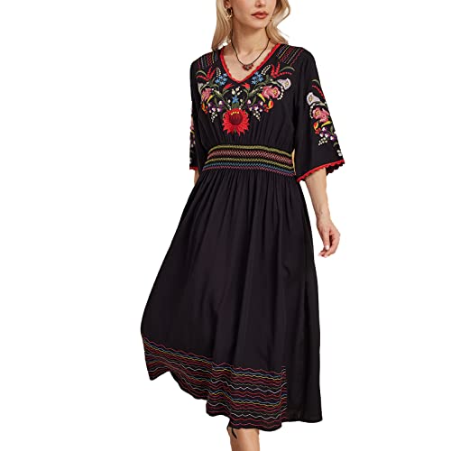 Damen Casual Sommer Mexikanische Blumen Gesticktes Kleid Boho Stil für Frauen 3/4 Ärmel Hohe Taille Lange Maxi Strandkleider, Schwarz, Mittel von Vakakado