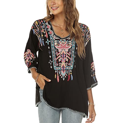 Vakakado Boho Stickerei Bluse Hippie Kleidung Damen 70er 80er Jahre Bekleidung Bohemian Folklore Besticktes Tunika 3/4Ärmel elegant Oberteile, Schwarz-M von Vakakado