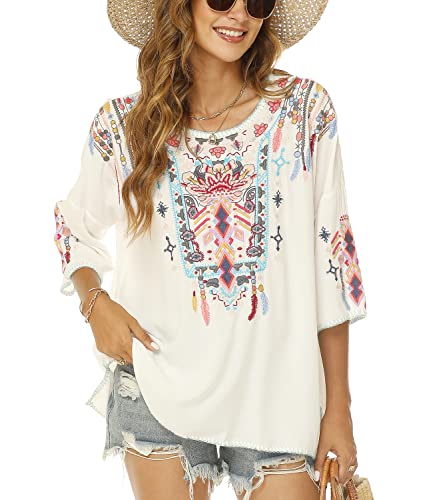 Vakakado Boho Stickerei Bluse Hippie Kleidung Damen 70er 80er Jahre Bekleidung Bohemian Folklore Besticktes Tunika 3/4Ärmel elegant Oberteile, Weiß-S von Vakakado