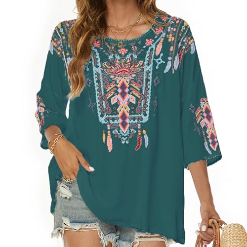 Vakakado Boho Stickerei Bluse Hippie Kleidung Damen 70er 80er Jahre Bekleidung Bohemian Folklore Besticktes Tunika 3/4Ärmel elegant Oberteile, Grün-2XL von Vakakado