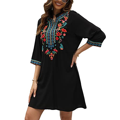 Vakakado Damen 70er Bohemien Stickerei Dress Hippie Kleid 3/4 Ärmel Boho Freizeit Kleid Knielang mit Geteilter Neck(M,23002-Schwarz) von Vakakado