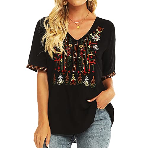 Vakakado Damen Boho Floral Stickerei Tops Traditionelle mexikanische Bauernbluse Sommer Hippie für Frauen, 320-BK, Groß von Vakakado