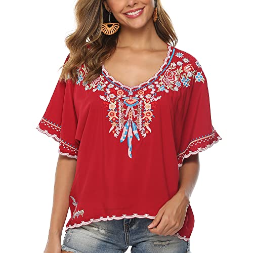 Vakakado Damen Sommer Boho Stickerei Mexikanisch Bohemian Tops Bauer Halbarm V-Ausschnitt Shirt Tunika Blusen (2XL, 075-Rot) von Vakakado