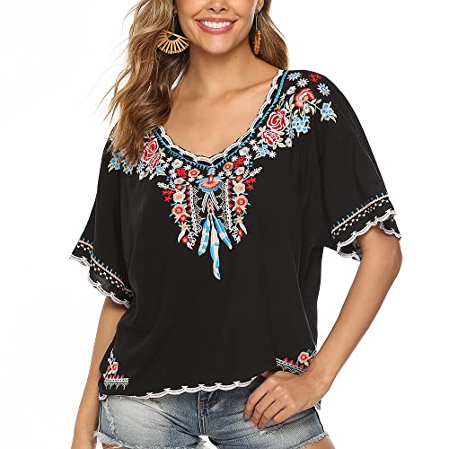 Vakakado Damen Sommer Boho Stickerei Mexikanisch Bohemian Tops Bauer Halbarm V-Ausschnitt Shirt Tunika Blusen (3XL, 075-Schwarz) von Vakakado