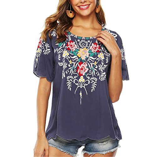 Vakakado Damen Sommer Boho Stickerei Mexikanisch Bohemian Tops Bauer Halbarm V-Ausschnitt Shirt Tunika Blusen (3XL, 082-Grau) von Vakakado