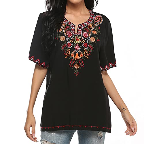 Vakakado Damen Sommer Boho Stickerei Mexikanisch Bohemian Tops Bauer Halbarm V-Ausschnitt Shirt Tunika Blusen (3XL, 198-Schwarz) von Vakakado