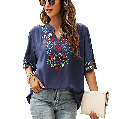 Vakakado Damen Sommer Boho Stickerei Mexikanisch Bohemian Tops Bauer Halbarm V-Ausschnitt Shirt Tunika Blusen (3XL, 323-Blau) von Vakakado