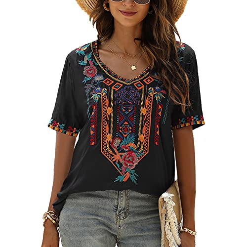 Vakakado Damen Sommer Boho Stickerei Mexikanisch Bohemian Tops Bauer Halbarm V-Ausschnitt Shirt Tunika Blusen (L, 443-Schwar) von Vakakado