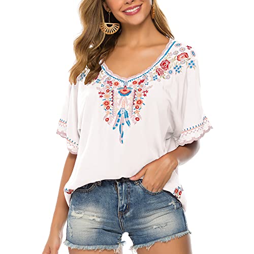 Vakakado Damen Sommer Boho Stickerei Mexikanisch Bohemian Tops Bauer Halbarm V-Ausschnitt Shirt Tunika Blusen (M, 075-Weiß) von Vakakado