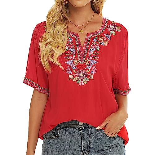 Vakakado Damen Sommer Boho Stickerei Mexikanisch Bohemian Tops Bauer Halbarm V-Ausschnitt Shirt Tunika Blusen (S, 317-Rot) von Vakakado