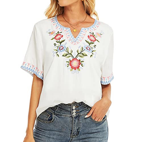 Vakakado Damen Sommer Boho Stickerei Mexikanisch Bohemian Tops Bauer Halbarm V-Ausschnitt Shirt Tunika Blusen (S, 321-Weiß) von Vakakado