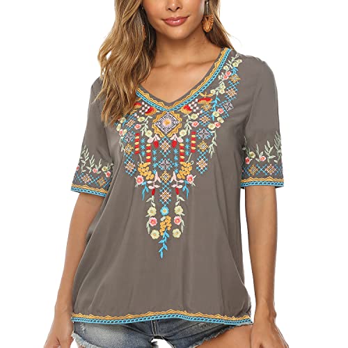 Vakakado Damen Sommer Boho Stickerei Mexikanisch Bohemian Tops Bauer Halbarm V-Ausschnitt Shirt Tunika Blusen (XL, 442-Grau) von Vakakado