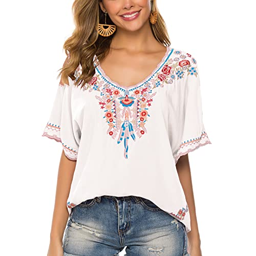 Vakakado Damen Sommer Boho Stickerei Mexikanische Bohemian Tops Bauer Halbarm V-Ausschnitt Shirt Tunika Blusen, 075-wt, XX-Large von Vakakado