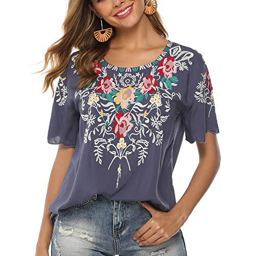 Vakakado Damen Sommer Boho Stickerei Mexikanische Bohemian Tops Bauer Halbarm V-Ausschnitt Shirt Tunika Blusen, 082-Gy, Small von Vakakado