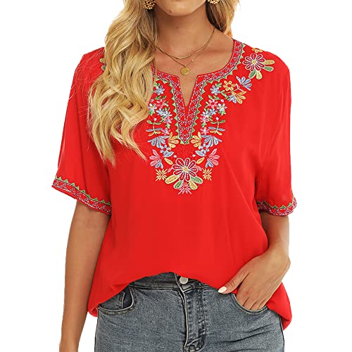 Vakakado Damen Sommer Boho Stickerei Mexikanische Bohemian Tops Bauer Halbarm V-Ausschnitt Shirt Tunika Blusen, 317, 3X-Groß von Vakakado