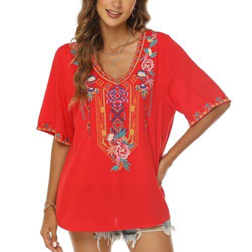 Vakakado Damen Sommer Boho Stickerei Mexikanisch Bohemian Tops Bauer Halbarm V-Ausschnitt Shirt Tunika Blusen (L, 443-Rot) von Vakakado