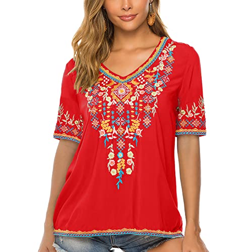 Vakakado Damen Sommer Boho Stickerei Mexikanisch Bohemian Tops Bauer Halbarm V-Ausschnitt Shirt Tunika Blusen (2XL, 442-Rot) von Vakakado