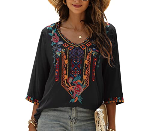 Vakakado Damen mexikanische bestickte Oberteile Bohemian-Stil Bauern-3/4-Ärmel V-Ausschnitt Shirt Tunika Blusen, Schwarz, Klein von Vakakado