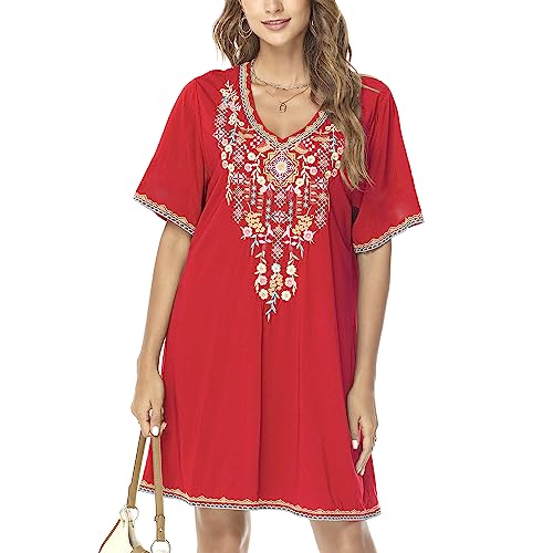 Vakakado Frauen Sommer Boho Mexican Peasant Dress Kurzarm Floral Bestickte Flowy Kleider Lose Hippie Bohemian Tunika (2XL, 445-Rot) von Vakakado