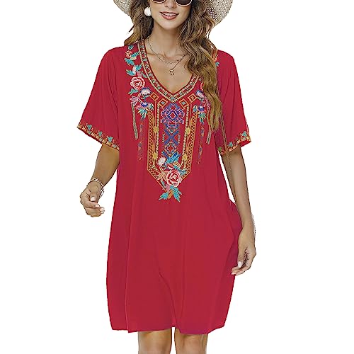 Vakakado Frauen Sommer Boho Mexican Peasant Dress Kurzarm Floral Bestickte Flowy Kleider Lose Hippie Bohemian Tunika (2XL, 446-Rot) von Vakakado