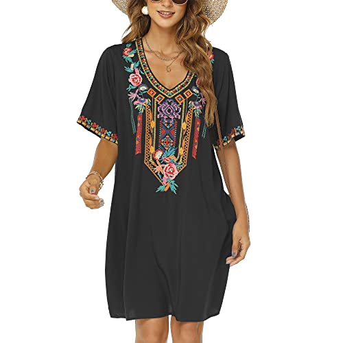 Vakakado Frauen Sommer Boho Mexican Peasant Dress Kurzarm Floral Bestickte Flowy Kleider Lose Hippie Bohemian Tunika (2XL, 446-Schwarz) von Vakakado