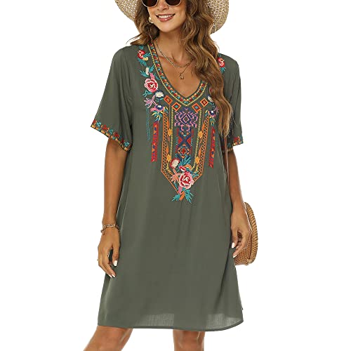 Vakakado Frauen Sommer Boho Mexican Peasant Dress Kurzarm Floral Bestickte Flowy Kleider Lose Hippie Bohemian Tunika (3XL, 446-Grün) von Vakakado