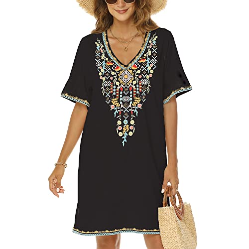 Vakakado Frauen Sommer Boho Mexican Peasant Dress Kurzarm Floral Bestickte Flowy Kleider Lose Hippie Bohemian Tunika (M, 445-Schwarz) von Vakakado