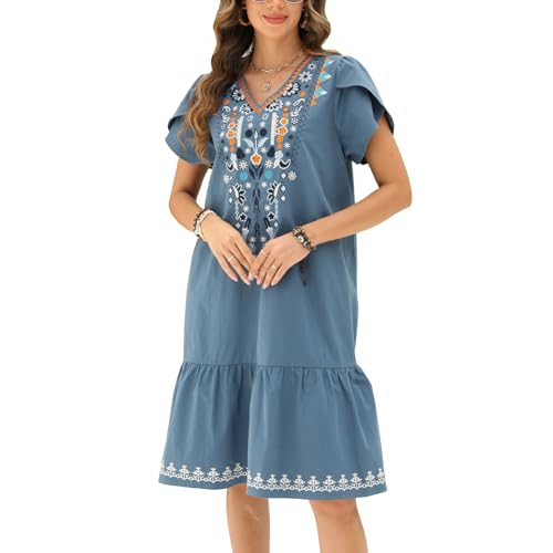 Vakakado Hippie Kleidung Damen Blumen Stickerei Boho Freizeitkleid V-Ausschnitt Saum Rüsche Kurzarm Sommerkleider (Blau,782-M) von Vakakado