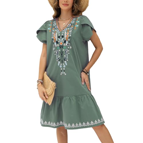 Vakakado Hippie Kleidung Damen Blumen Stickerei Boho Freizeitkleid V-Ausschnitt Saum Rüsche Kurzarm Sommerkleider (Grün,782-3XL) von Vakakado