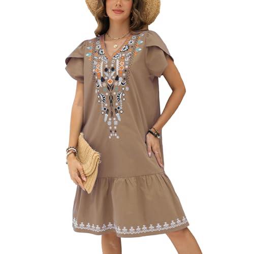 Vakakado Hippie Kleidung Damen Blumen Stickerei Boho Freizeitkleid V-Ausschnitt Saum Rüsche Kurzarm Sommerkleider (Khaki,782-3XL) von Vakakado