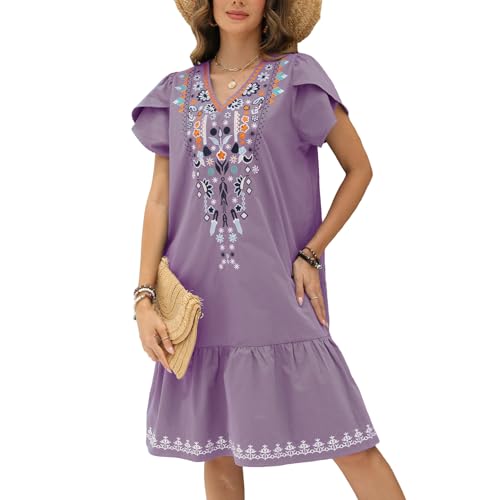 Vakakado Hippie Kleidung Damen Blumen Stickerei Boho Freizeitkleid V-Ausschnitt Saum Rüsche Kurzarm Sommerkleider (Violett,782-3XL) von Vakakado