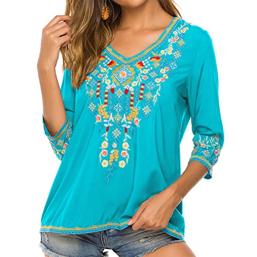 Vakakado Hippie Kleidung Damen Bohemian Folklore Stickerei Bluse 3/4 äRmel V Ausschnitt Tunika Sommer LäSsige Oberteil(054,Blau,M) von Vakakado
