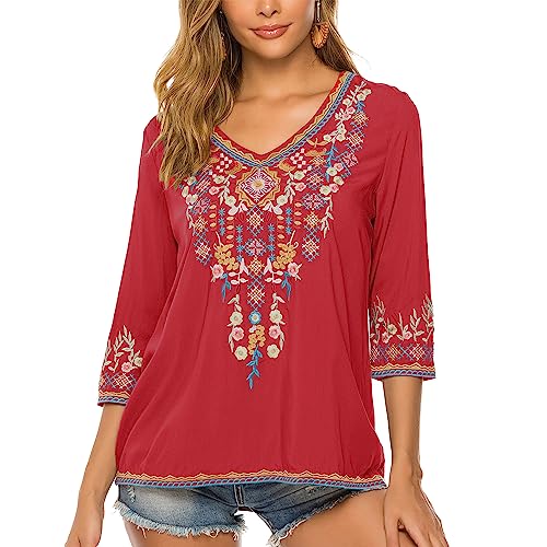Vakakado Hippie Kleidung Damen Bohemian Folklore Stickerei Bluse 3/4 äRmel V Ausschnitt Tunika Sommer LäSsige Oberteil(054,Rot,L) von Vakakado