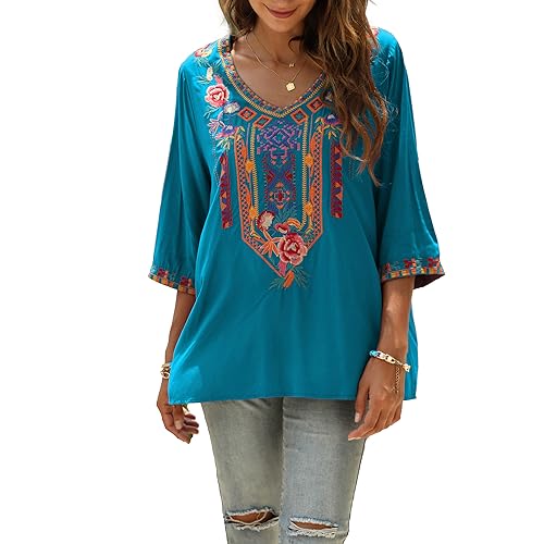 Vakakado Hippie Kleidung Damen Bohemian Folklore Stickerei Bluse 3/4 äRmel V Ausschnitt Tunika Sommer LäSsige Oberteil(328,Blau,S) von Vakakado