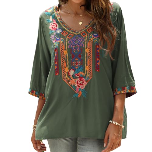 Vakakado Hippie Kleidung Damen Bohemian Folklore Stickerei Bluse 3/4 äRmel V Ausschnitt Tunika Sommer LäSsige Oberteil(328,Grün,L) von Vakakado