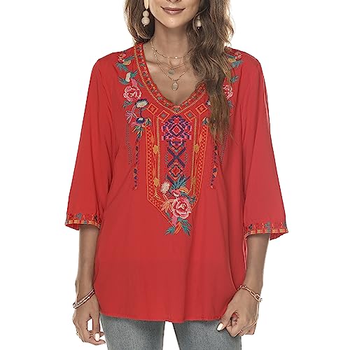 Vakakado Hippie Kleidung Damen Bohemian Folklore Stickerei Bluse 3/4 äRmel V Ausschnitt Tunika Sommer LäSsige Oberteil(328,Rot,M) von Vakakado