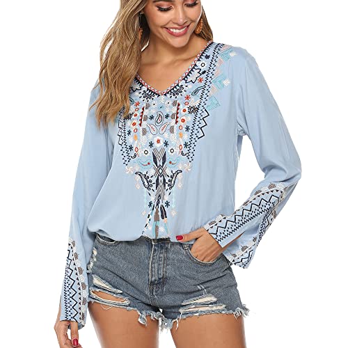 Vakakado Mexico Frauen böhmische Besticktes Shirt Folklore Blumen Tunika Top Boho Blusen 3/4 Ärmel V-Ausschnitt (2XL, 095-Blau) von Vakakado