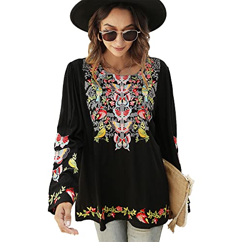 Vakakado Mexico Frauen böhmische Besticktes Shirt Folklore Blumen Tunika Top Boho Blusen 3/4 Ärmel V-Ausschnitt (2XL, 330-Schwarz) von Vakakado