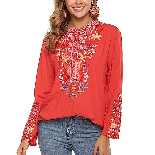 Vakakado Mexico Frauen böhmische Besticktes Shirt Folklore Blumen Tunika Top Boho Blusen 3/4 Ärmel V-Ausschnitt (3XL, 101-Rot) von Vakakado